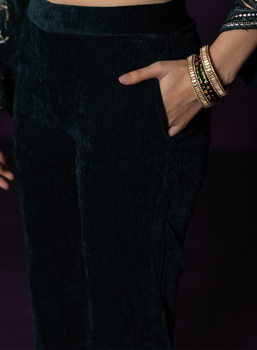 Paro Green Resham Embroidred Velvet Long Co-ord Set