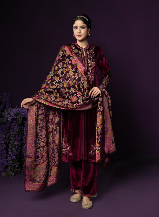 Gulal Maroon Embroidered Velvet Suit Set with Banarasi Dupatta