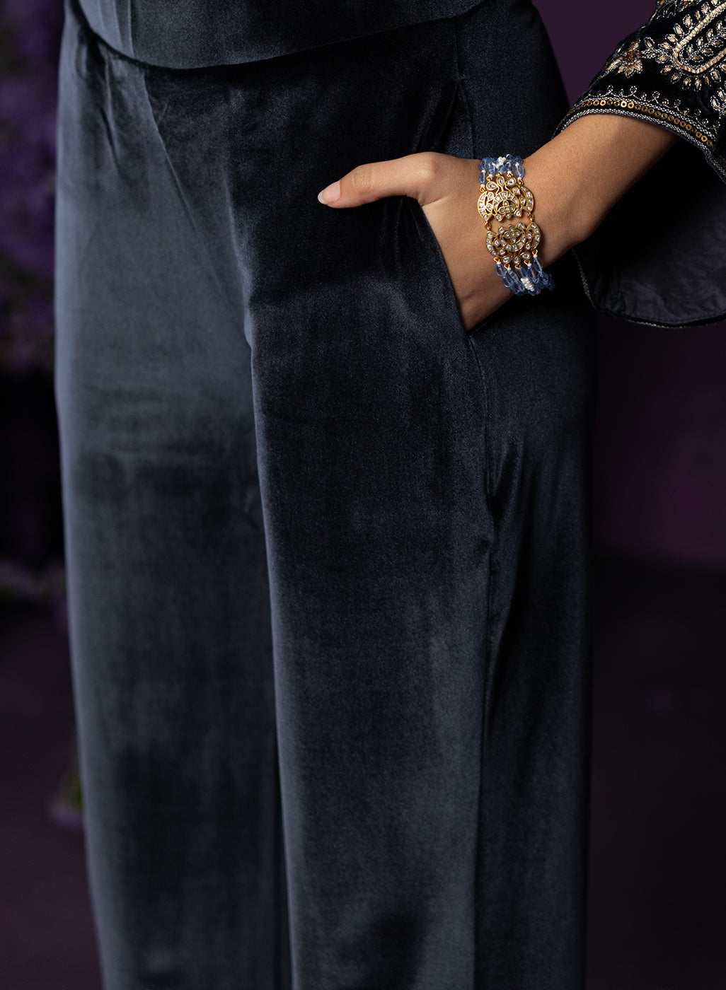 Gulal Blue Embroidered Velvet Suit Set with Banarasi Dupatta