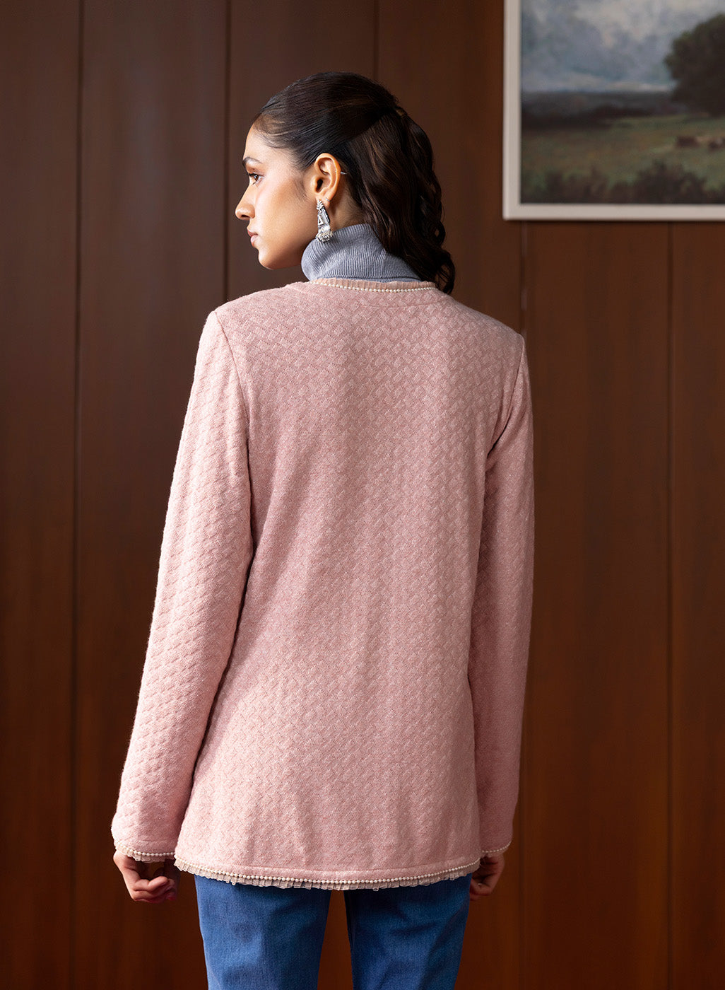 Sera Pink Knitted Jacquard Monochrome Shrug