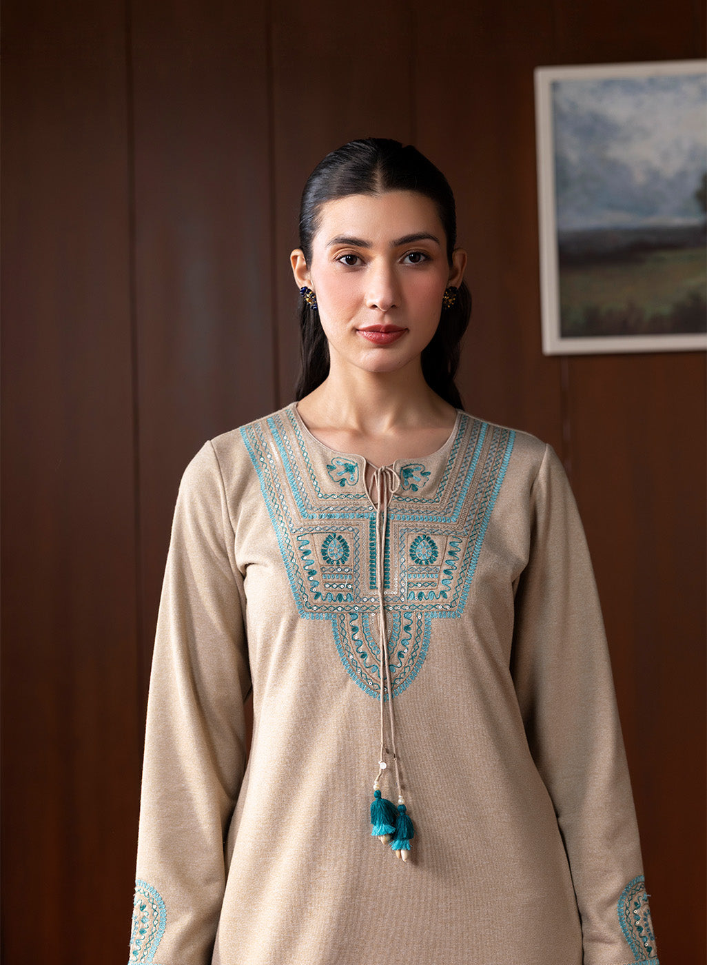 Sahira Beige Embroidered Wool Kurta Set