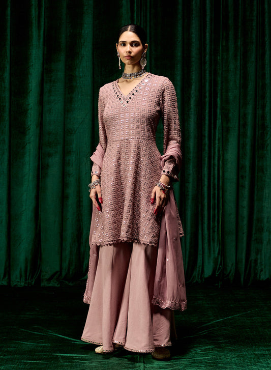 Farsa Pink Mirrorwork A-line Suit Set with Dupatta