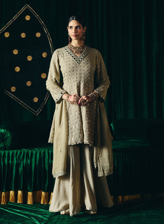 Farsa Beige Mirrorwork A-line Suit Set with Dupatta