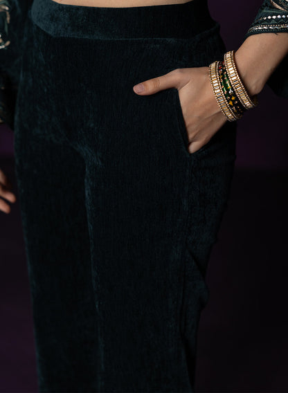 Paro Green Resham Embroidred Velvet Long Co-ord Set