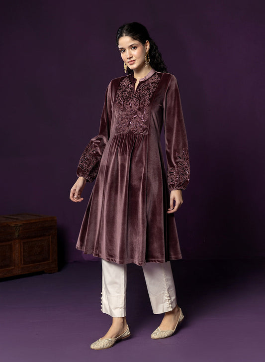 Marya Pink Self-Embroidered Velvet A-line Kurta
