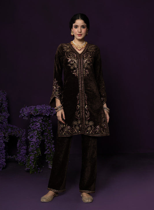 Paro Brown Resham Embroidred Velvet Long Co-ord Set