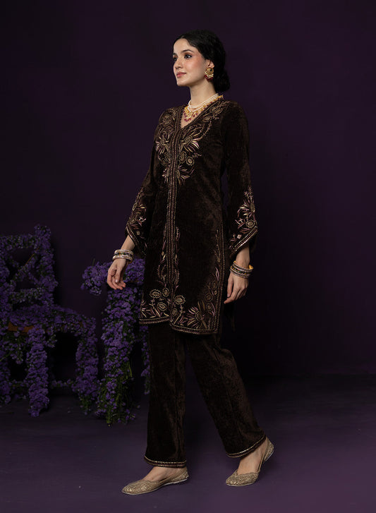 Paro Brown Resham Embroidred Velvet Long Co-ord Set
