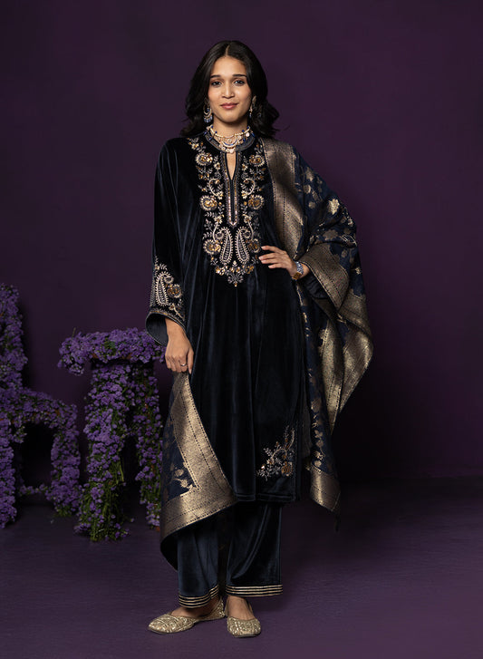 Gulal Blue Embroidered Velvet Suit Set with Banarasi Dupatta