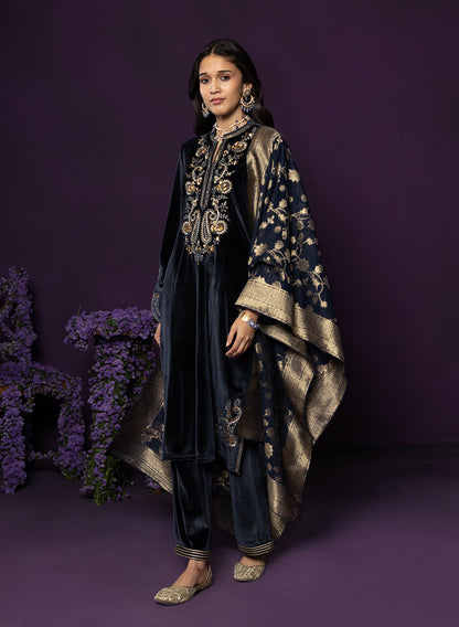 Gulal Blue Embroidered Velvet Suit Set with Banarasi Dupatta