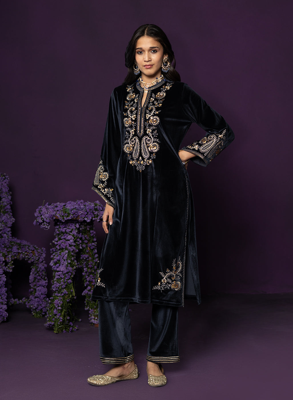 Gulal Blue Embroidered Velvet Suit Set with Banarasi Dupatta