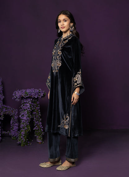 Gulal Blue Embroidered Velvet Suit Set with Banarasi Dupatta