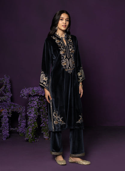 Gulal Blue Embroidered Velvet Suit Set with Banarasi Dupatta