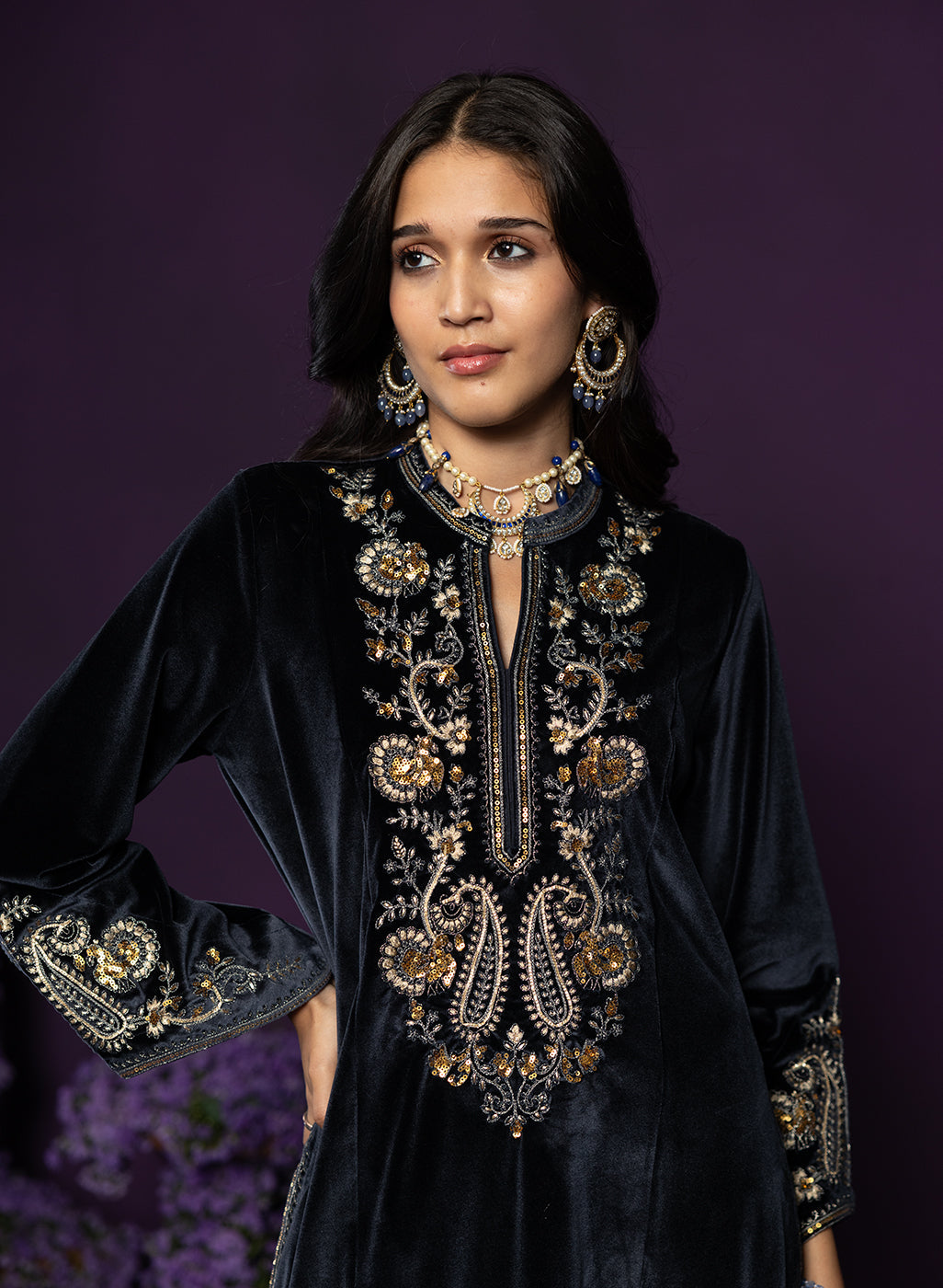 Gulal Blue Embroidered Velvet Suit Set with Banarasi Dupatta