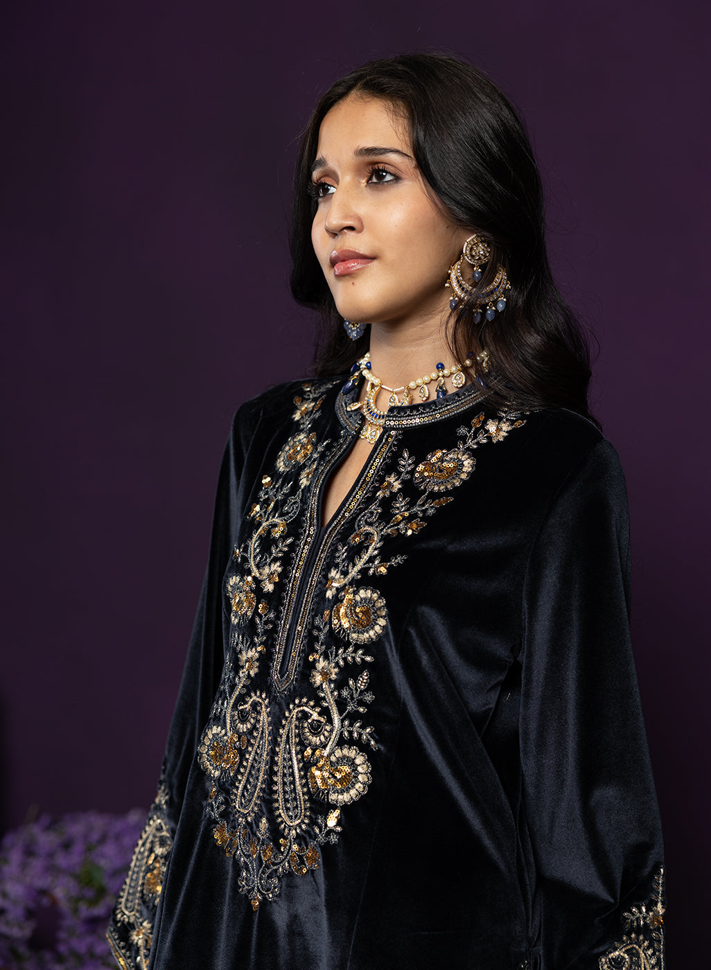 Gulal Blue Embroidered Velvet Suit Set with Banarasi Dupatta