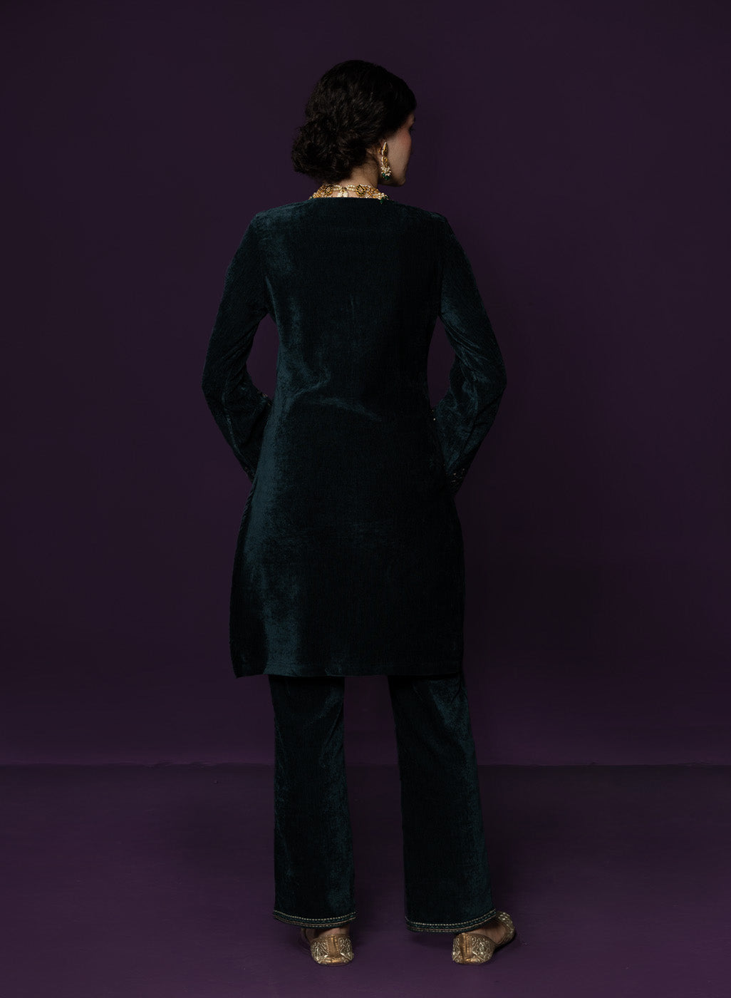 Paro Green Resham Embroidred Velvet Long Co-ord Set