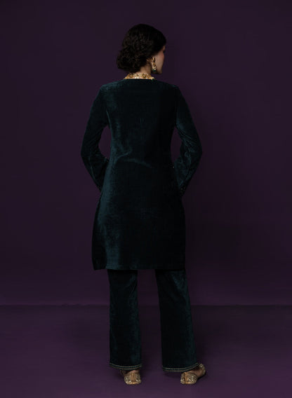 Paro Green Resham Embroidred Velvet Long Co-ord Set