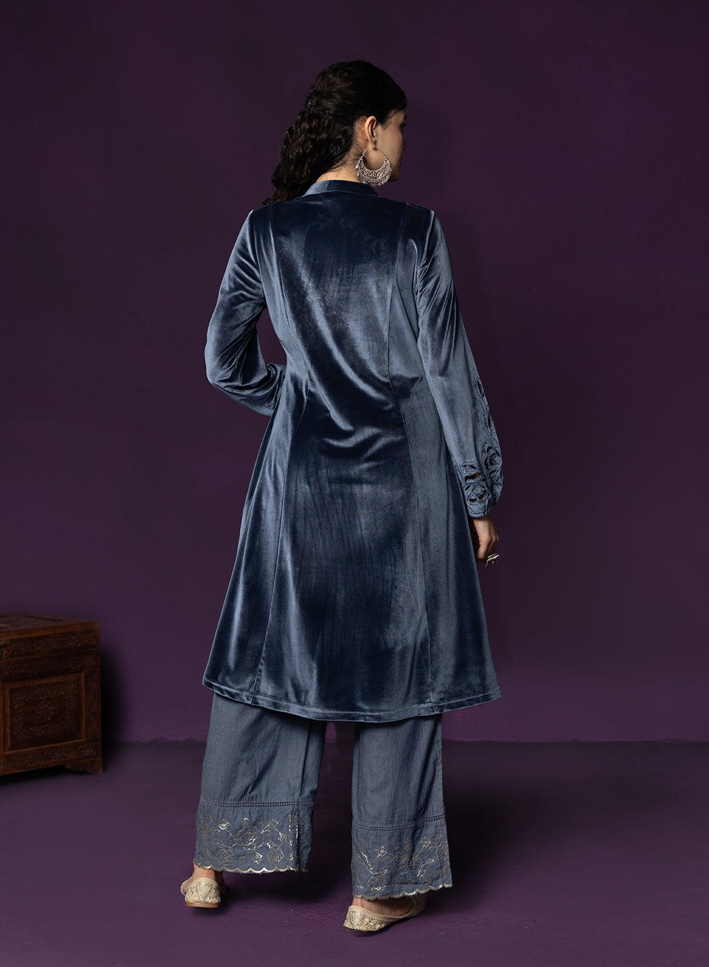 Marya Blue Self-Embroidered Velvet A-line Kurta