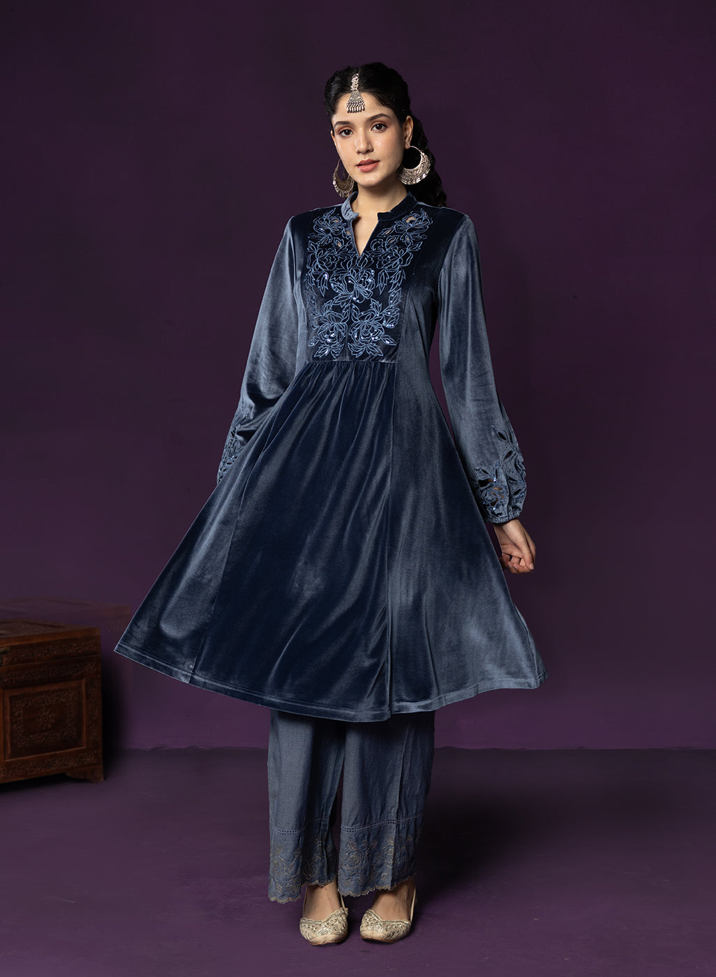 Marya Blue Self-Embroidered Velvet A-line Kurta