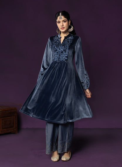 Marya Blue Self-Embroidered Velvet A-line Kurta