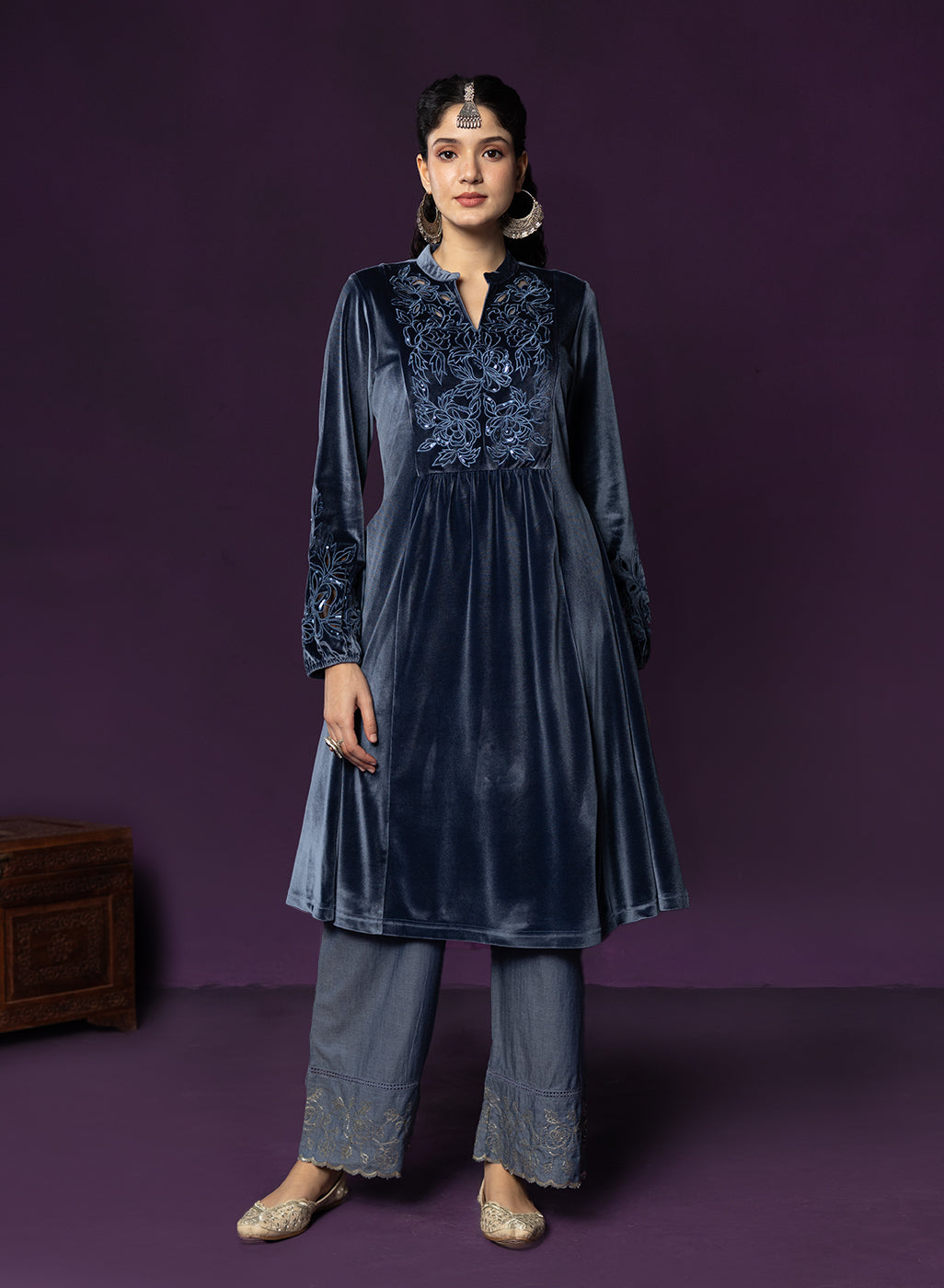 Marya Blue Self-Embroidered Velvet A-line Kurta