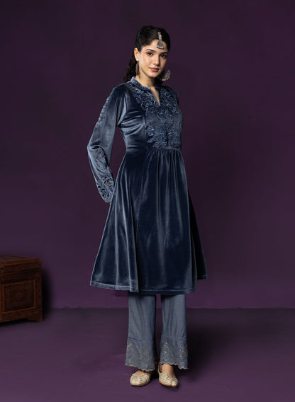 Marya Blue Self-Embroidered Velvet A-line Kurta