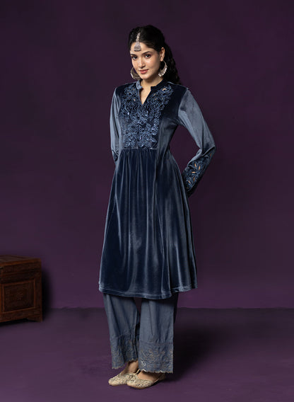 Marya Blue Self-Embroidered Velvet A-line Kurta