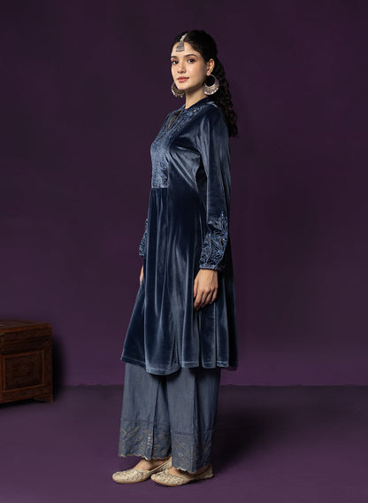 Marya Blue Self-Embroidered Velvet A-line Kurta