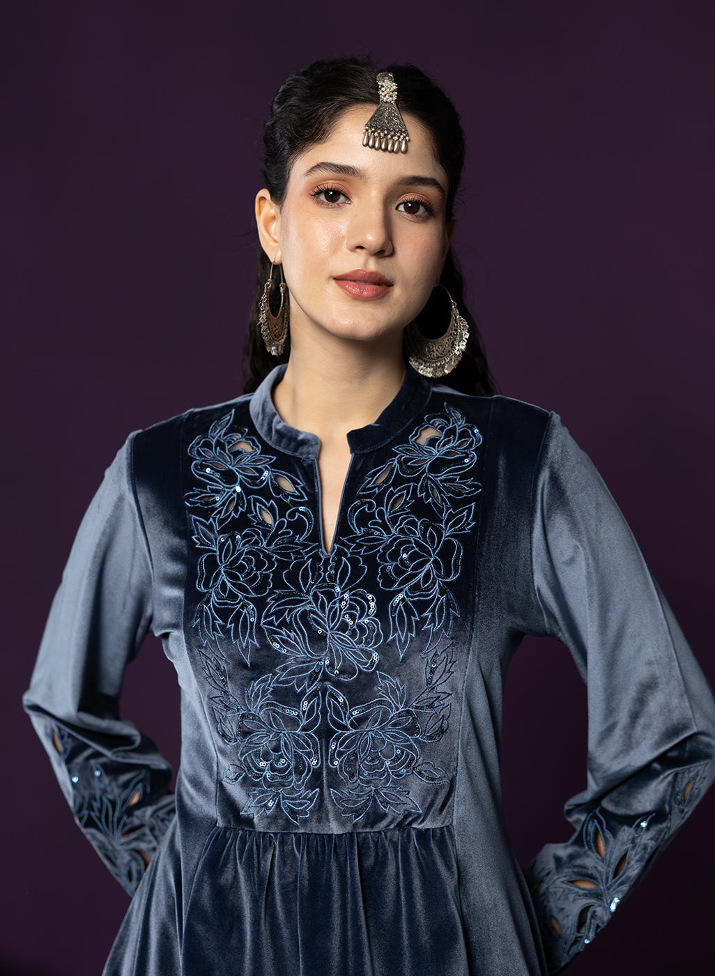 Marya Blue Self-Embroidered Velvet A-line Kurta