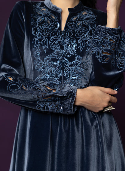 Marya Blue Self-Embroidered Velvet A-line Kurta