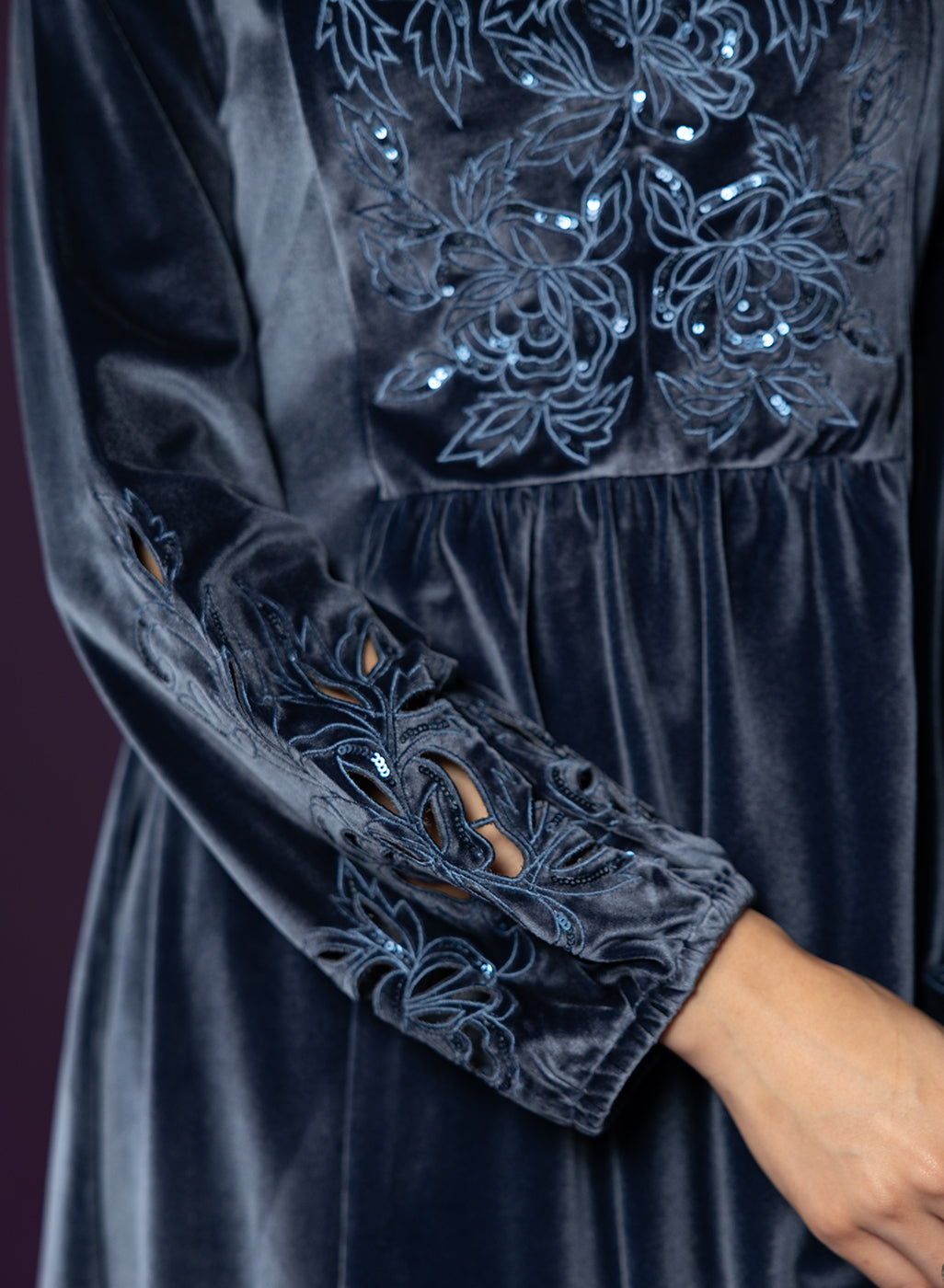 Marya Blue Self-Embroidered Velvet A-line Kurta