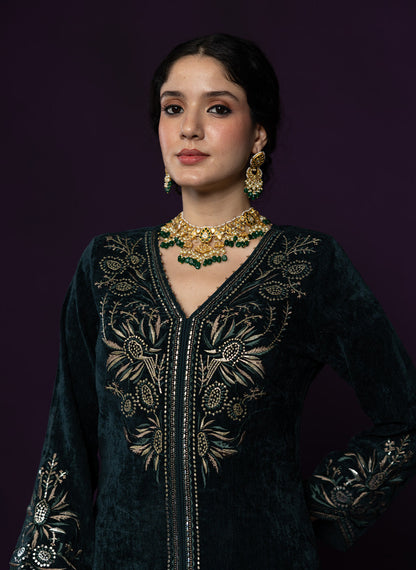 Paro Green Resham Embroidred Velvet Long Co-ord Set