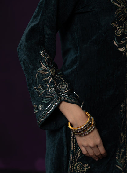 Paro Green Resham Embroidred Velvet Long Co-ord Set