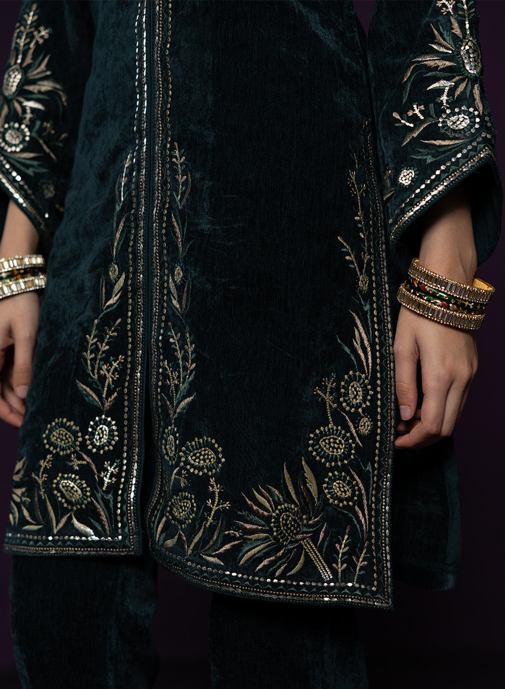 Paro Green Resham Embroidred Velvet Long Co-ord Set