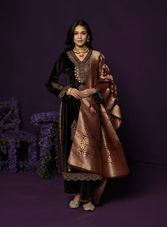 Koel Brown Embroidered Velvet Suit Set with Banarasi Dupatta