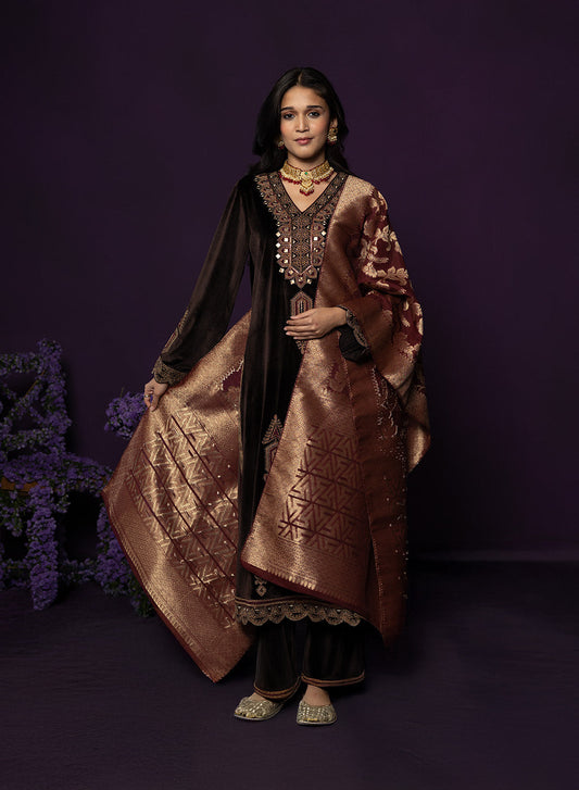 Koel Brown Embroidered Velvet Suit Set with Banarasi Dupatta