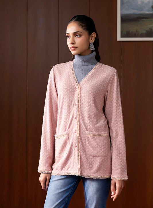 Sera Pink Knitted Jacquard Monochrome Shrug