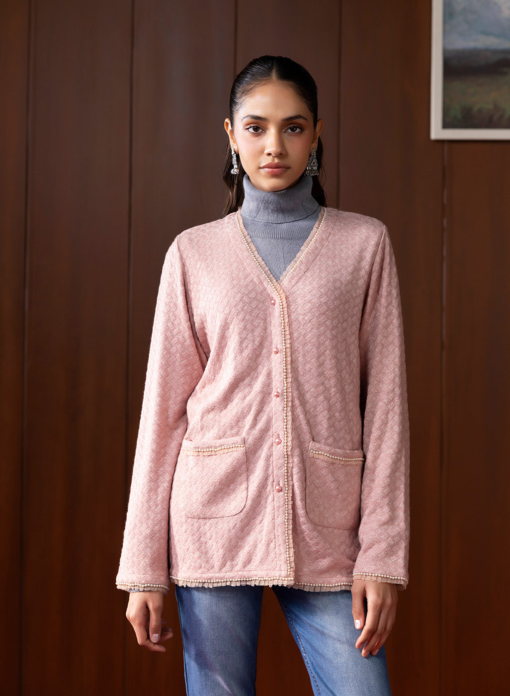 Sera Pink Knitted Jacquard Monochrome Shrug