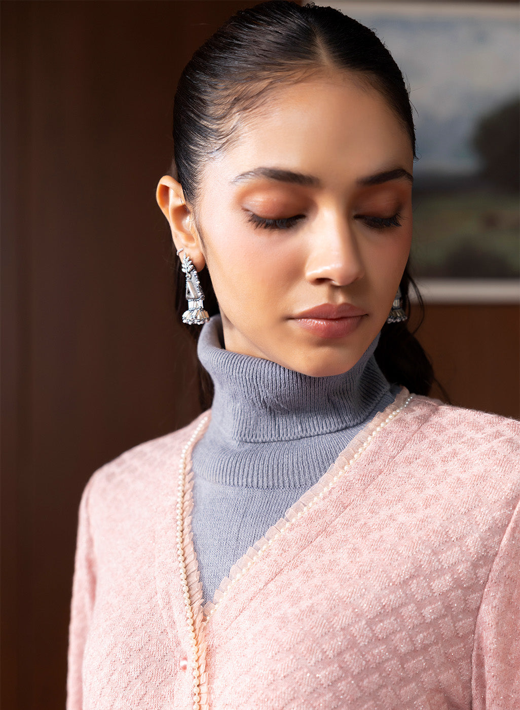 Sera Pink Knitted Jacquard Monochrome Shrug