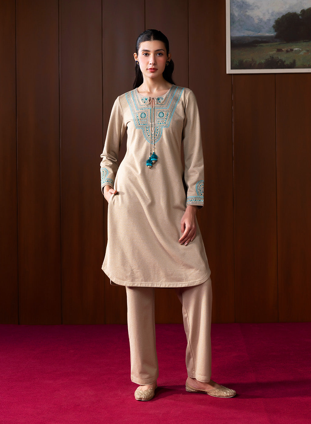Sahira Beige Embroidered Wool Kurta Set