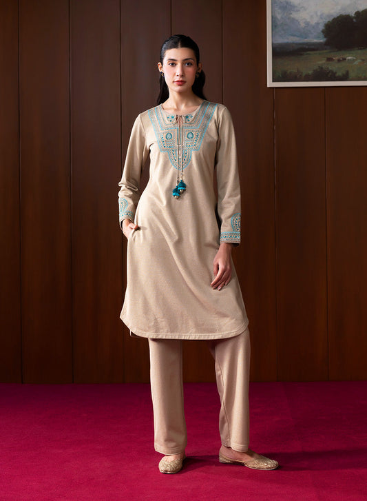 Sahira Beige Embroidered Wool Kurta Set