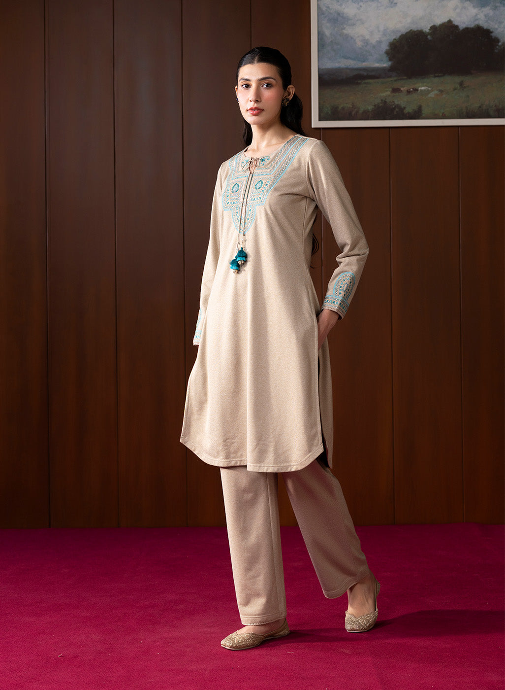 Sahira Beige Embroidered Wool Kurta Set