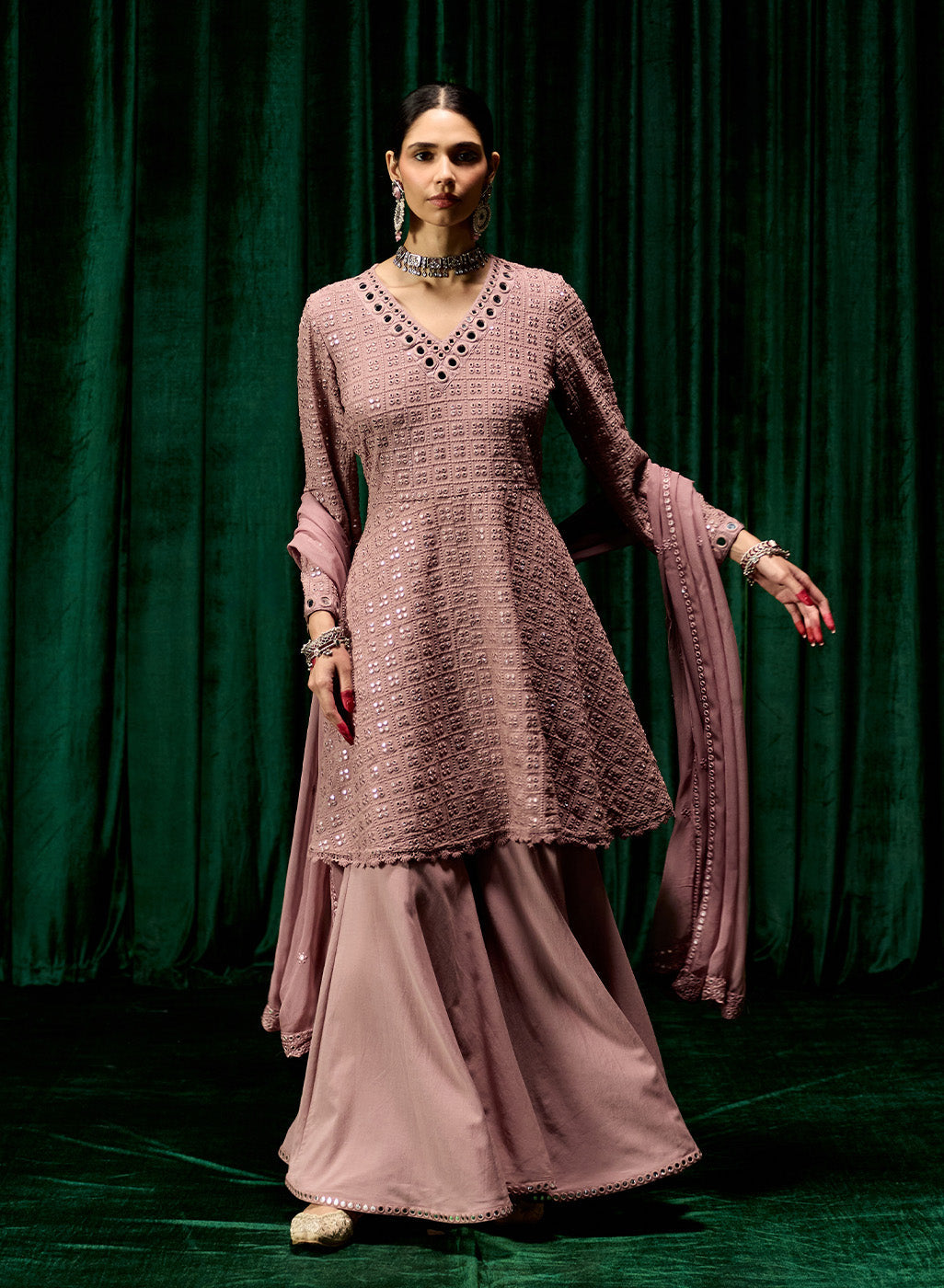 Farsa Pink Mirrorwork A-line Suit Set with Dupatta