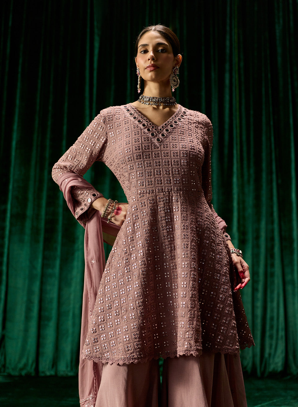 Farsa Pink Mirrorwork A-line Suit Set with Dupatta