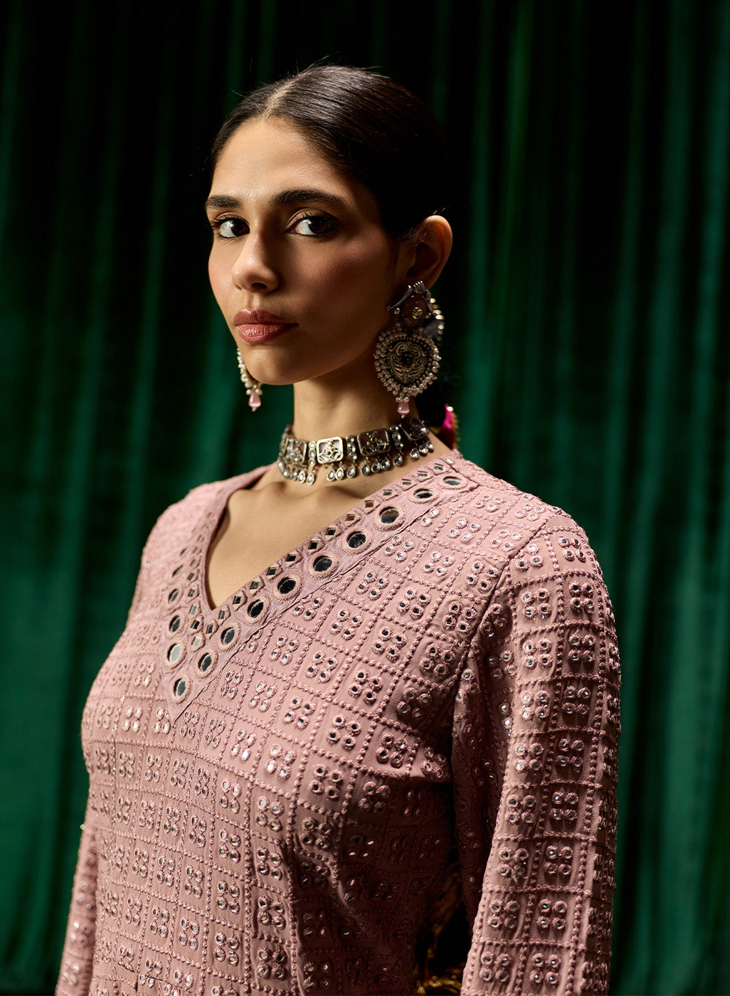 Farsa Pink Mirrorwork A-line Suit Set with Dupatta