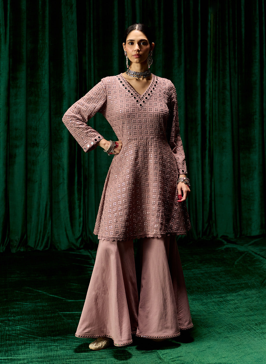 Farsa Pink Mirrorwork A-line Suit Set with Dupatta