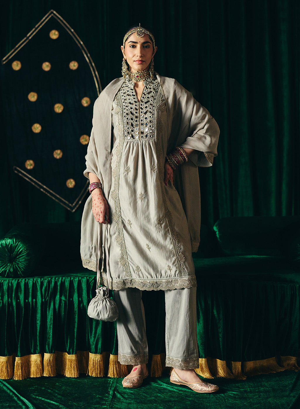 Aqsin Grey Mirrorwork Suit Set with Dupatta