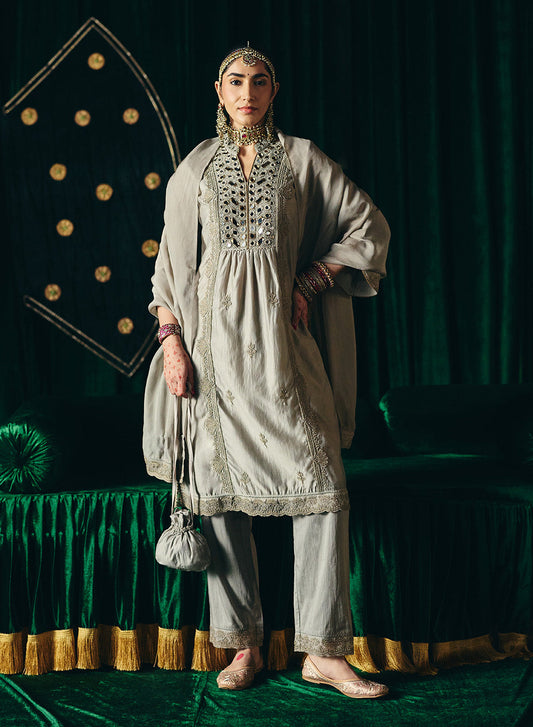 Aqsin Grey Mirrorwork Suit Set with Dupatta