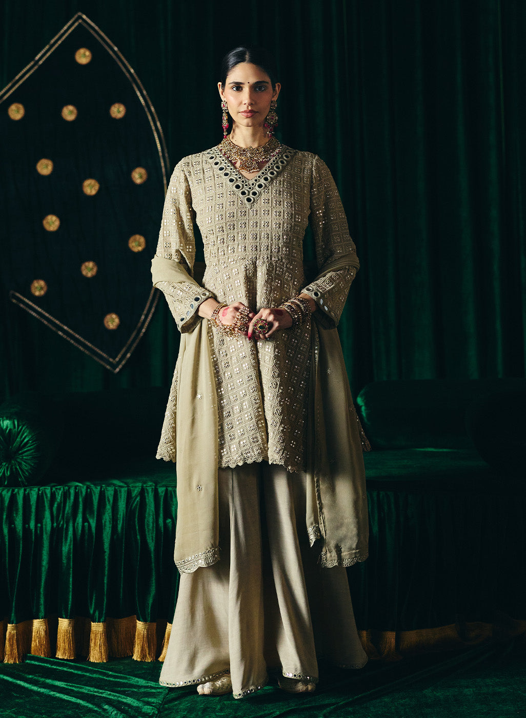 Farsa Beige Mirrorwork A-line Suit Set with Dupatta