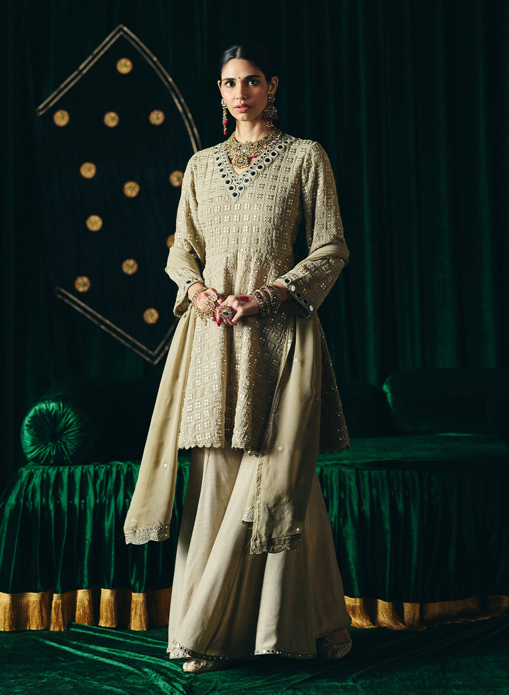 Farsa Beige Mirrorwork A-line Suit Set with Dupatta