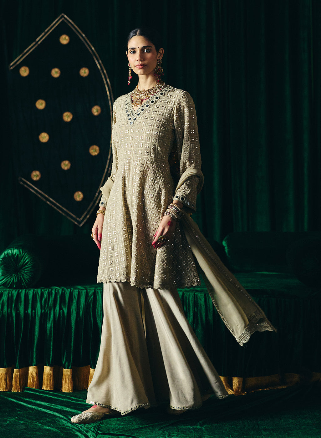 Farsa Beige Mirrorwork A-line Suit Set with Dupatta